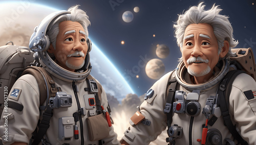 3D cute old man cartoon avatar, astronaut character on a space background.