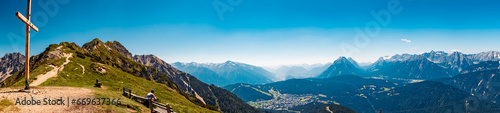 High resolution stitched alpine summer panorama at Mount Seefelder Joch, Rosshuette, Seefeld, Tyrol, Austria