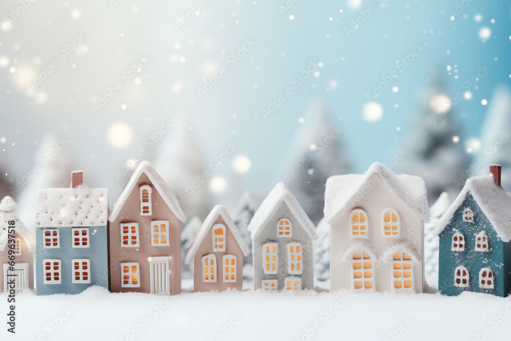 Christmas snow-covered toy houses on a glowing background with a place for text.