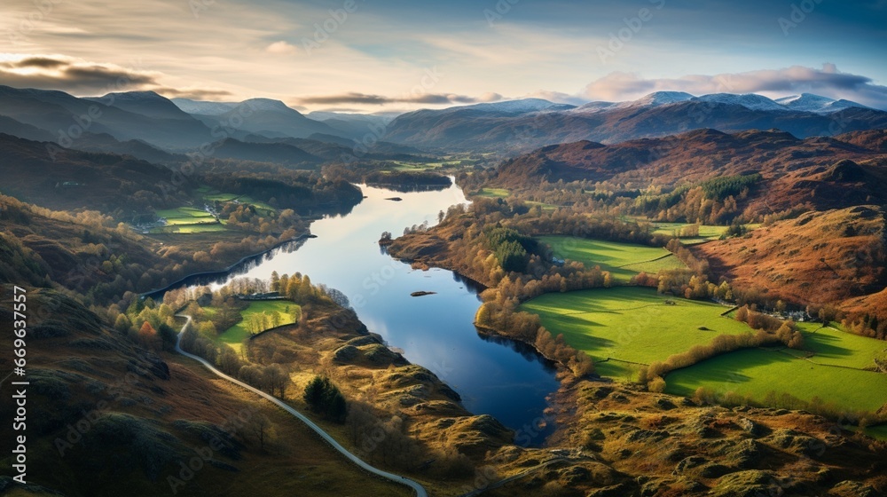 Skelwith Bridge and Loughrigg Aerial. Sunrise Lake District England