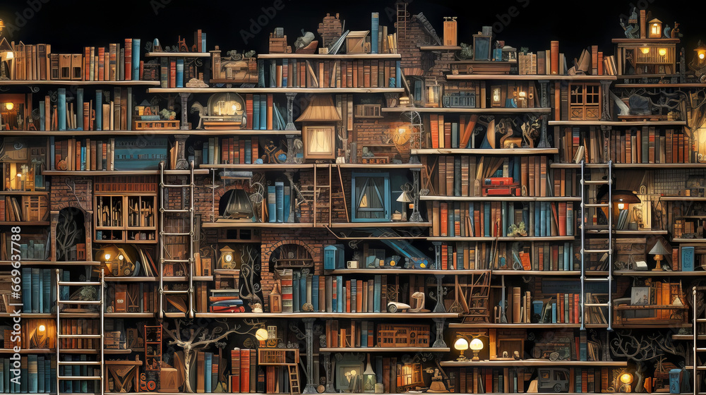 Shelves full of books with fantasy - obrazy, fototapety, plakaty 