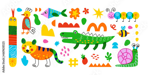 Childish animals. Doodle figure characters. Cute fun children imagination. Funny monster. Abstract shapes. Color crocodile. Bee and tiger. Cartoon kids illustration. Vector abstract tidy elements set