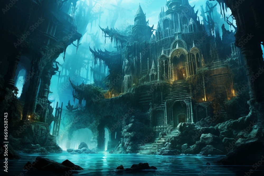 Underwater sunken city in blue ocean. Generative AI
