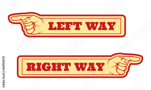 Circus stickers. Left or right way pointers. Fairground billboards. Retro attraction park labels. Entertainment game signboards. Direction fair icon. Isolated festival signposts. Vector pointing hands