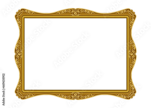 Picture frame. Vintage style. Golden ornate square border with floral carving. Museum exhibition. Antique wall decoration. Luxury interior object. Baroque isolated element. Vector empty gold framework