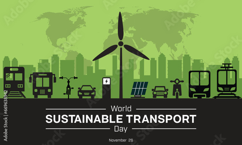 World Sustainable Transport Day design. It features silhouette of different type of transportation with city skyline in the background. Vector illustration