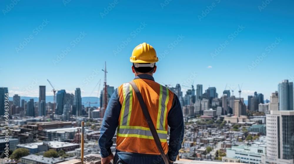 Resilient Construction Worker in Yellow Hardhat Overlooking Cityscape Resilient Construction Worker in Yellow Hardhat Overlooking Cityscape