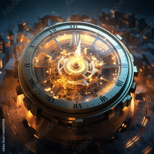 Time machine clock with energy and light around it.