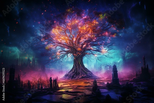An image depicting a mystical tree in an abandoned cemetery surrounded by vibrant glowing spirits. Generative AI