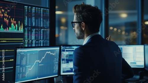 Finance Professional in High-Tech Office Monitoring Stocks