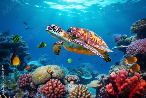 coral reef with turtle and fish  © damien