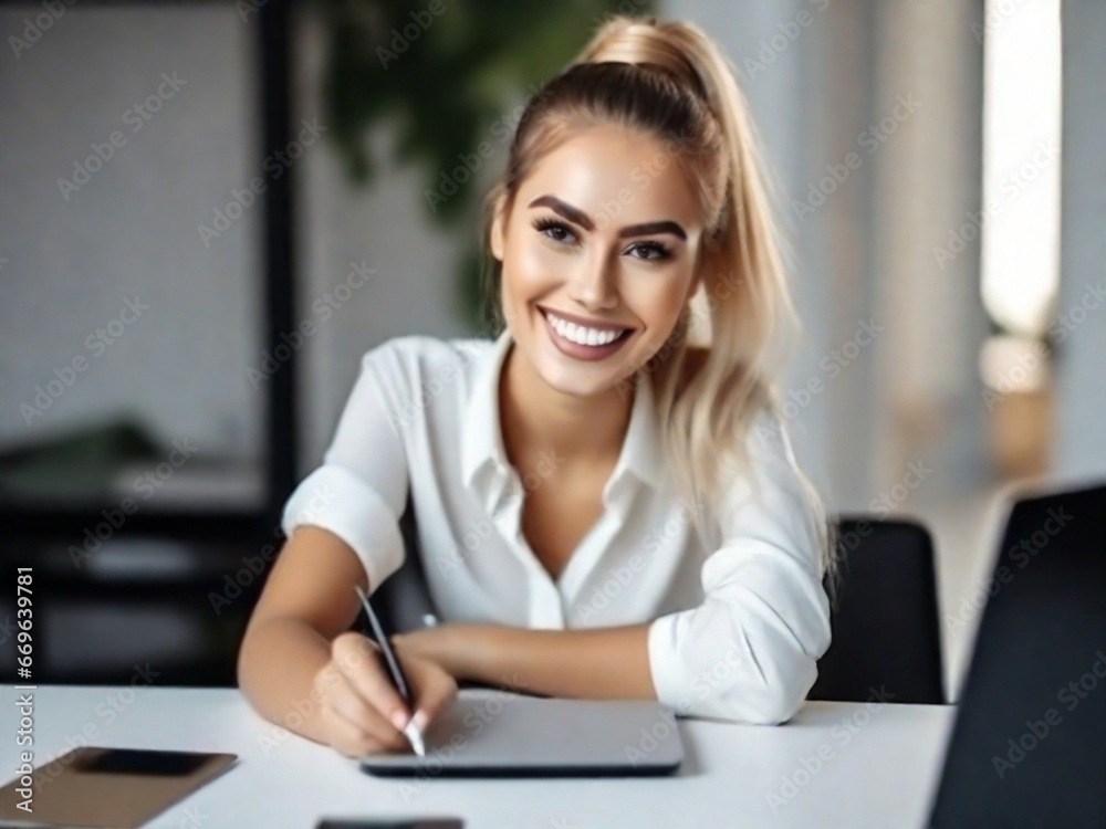 a young smiling beautiful woman is working at a laptop in the office a young smiling beautiful woman is working at a laptop in the office