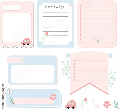 Vector set of cute pastel pink memo pad stickers for digital planning.