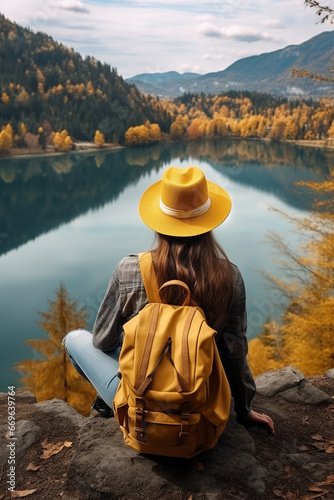 woman in yellow hat sits at autumn lake 