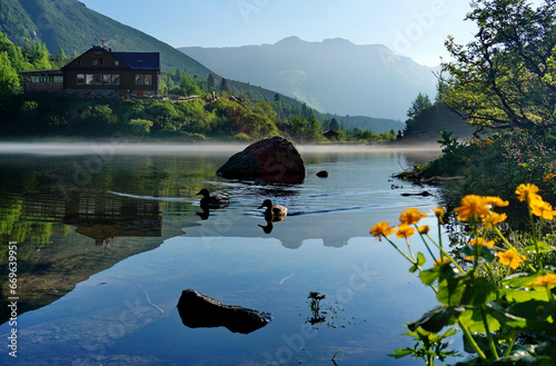 Photo of ducks swimming in the lake Zelene pleso on a calm sunny day, with mountain hut Chata pri Zelenom plese in the background, mountain peaks and yellow flowers - High Tatras, Slovakia photo