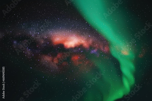 Night starry sky. Green aurora borealis. Milky Way and Northern lights