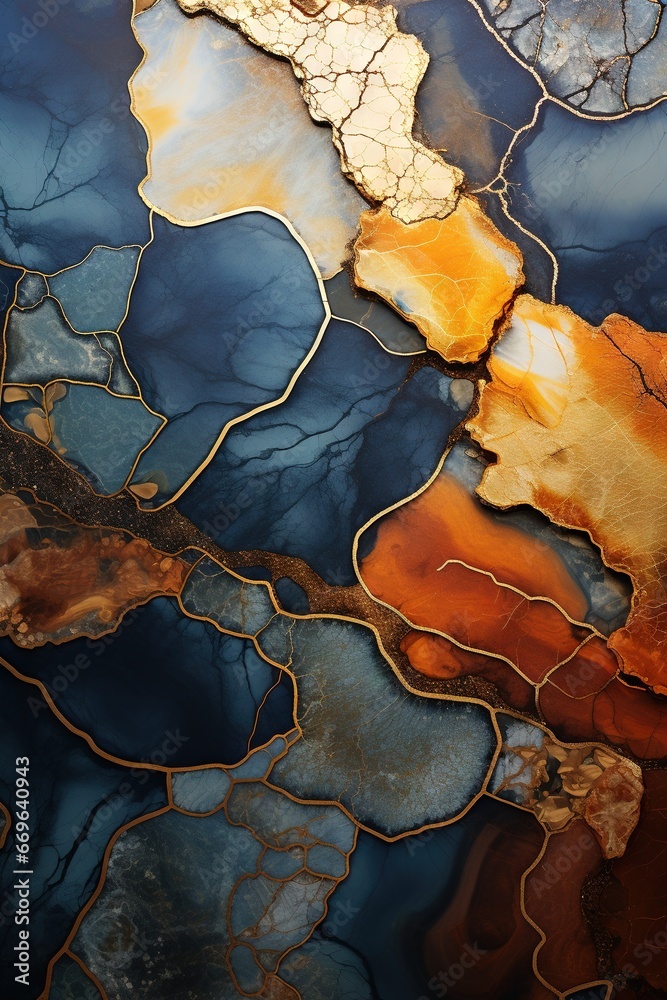 Fototapeta premium Papier peint de surface à motif de marbre d'agate avec incrustation de mosaïque minimaliste abstraite géométrique. Couleurs vives. IA générative, IA