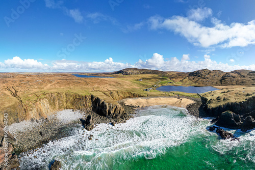 Aerial view of Dailbeag beach, Isle of Lewis. A remote beach in Outer Hebrides. photo