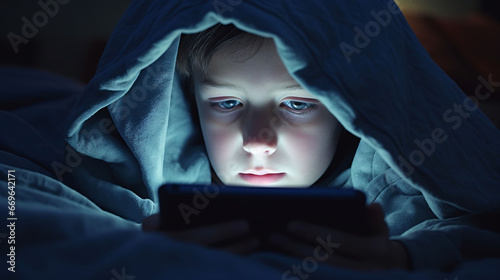 Boy using a smartphone in the dark 