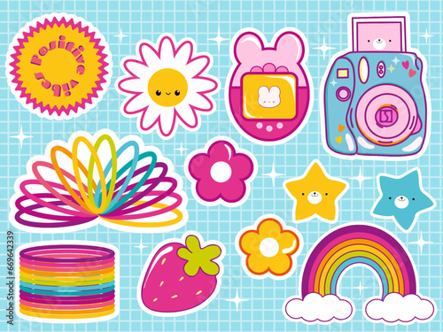 90's Big sticker set. Neon old computer aestethic. Retro pc elements, user interface, camera, childhood, tape, game 90 icons in trendy y2k retro style. Nostalgia for 1990s -2000s vector