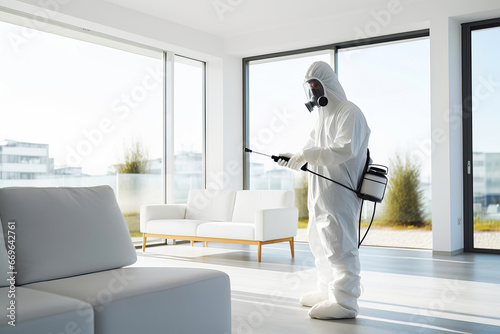 Faceless pest control worker in a protective suit sprays insect poison in a living room © colnihko