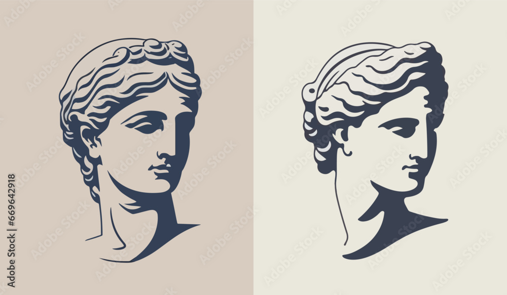 Ancient Greek woman head logo vector illustration silhouette - obrazy, fototapety, plakaty 