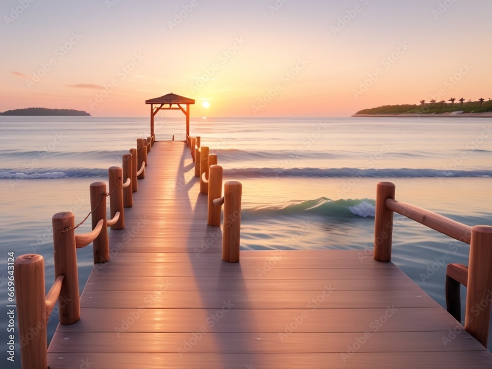 Obraz premium Wooden pier on the beach at beautiful sunset in the evening