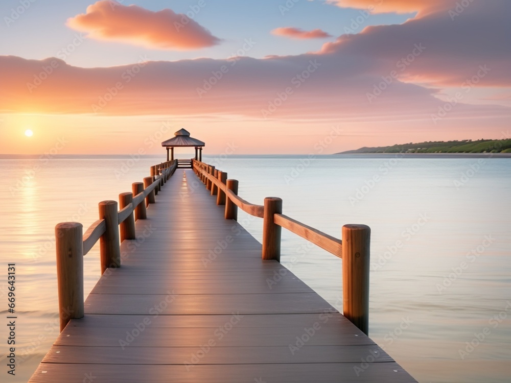 Wooden pier on the beach at beautiful sunset in the evening