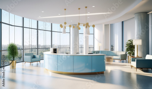Modern medical reception with gold table lighting in office.