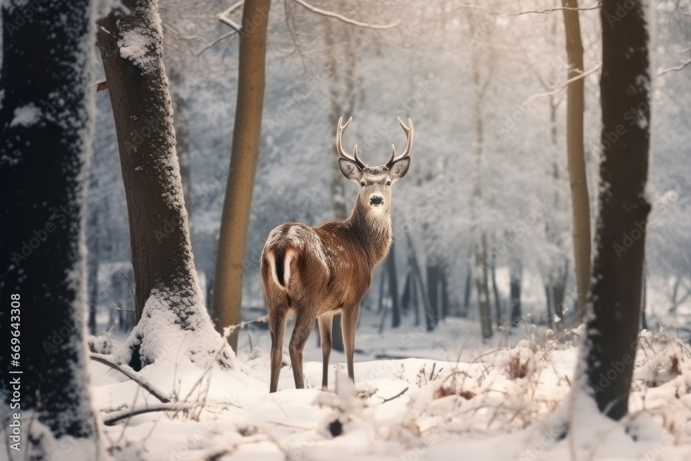 a deer in the forest in the winter snow a deer in the forest in the winter snow