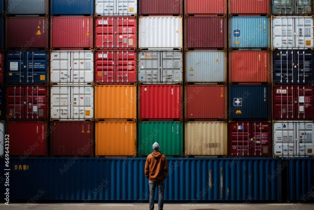 a harbour worker standing in the port looking to lots of transport containers