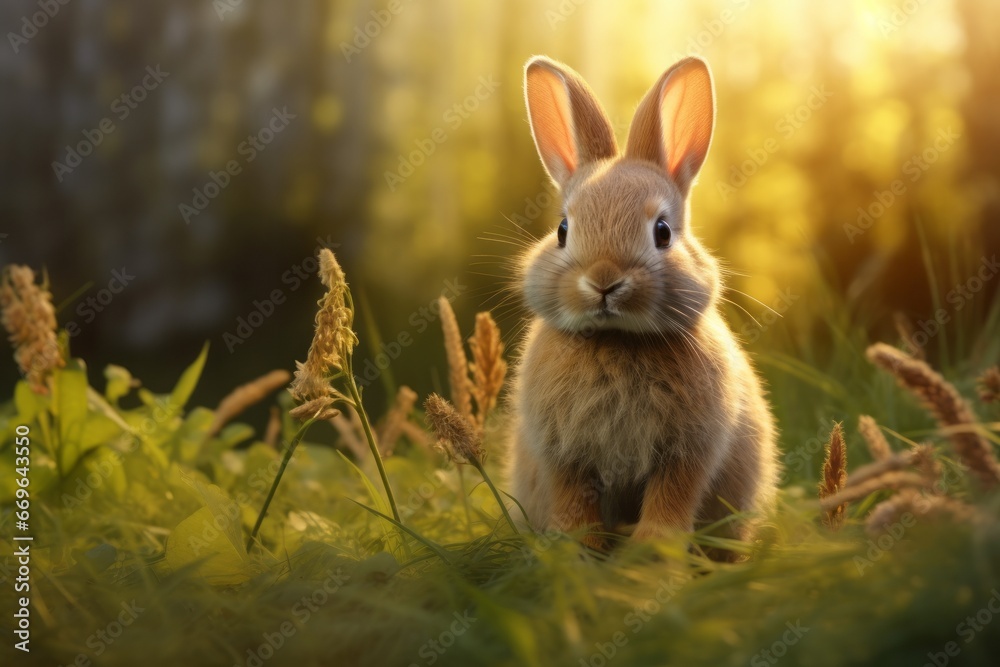 a furry rabbit on the grass under sunset light