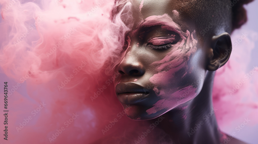 A woman with pink smoke coming out of her face