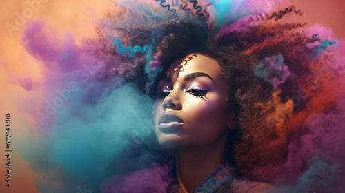 Beautiful afro american woman's face with colorful smoke coming out of her hair
