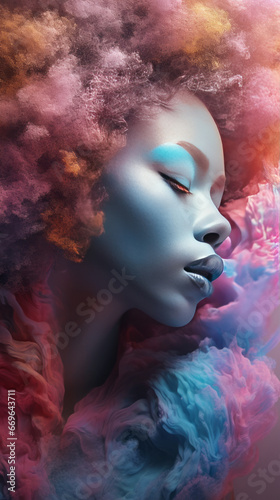 A woman s face is covered in multicolored smoke