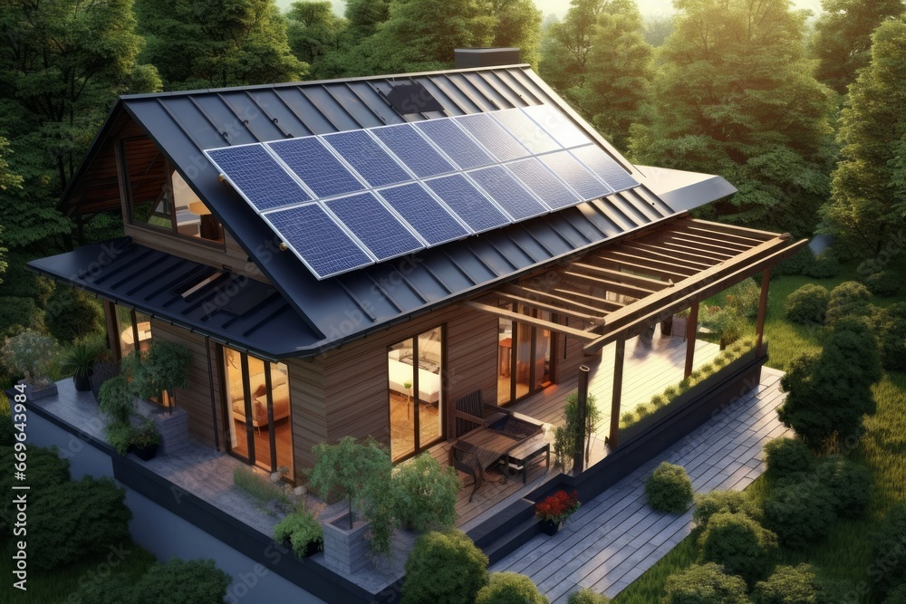 ecologic house with solar panels on the roof