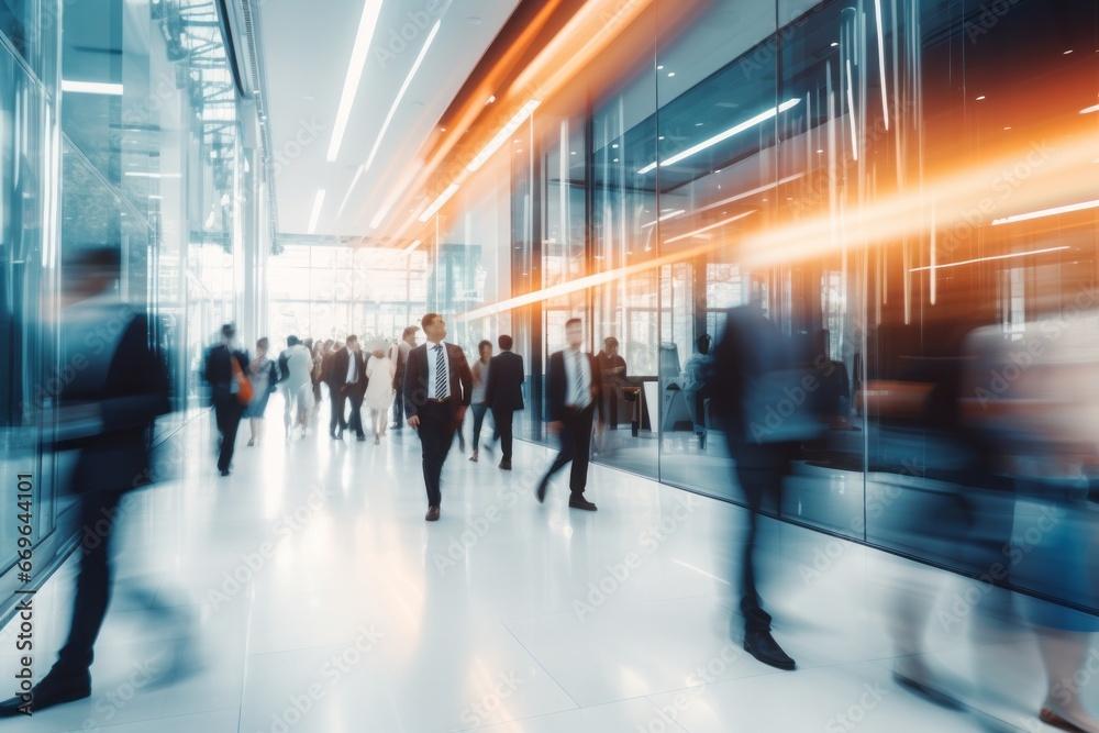 people moving fast in the hall of an office building in the city (long exposure photography)