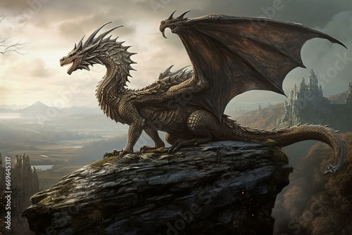 Majestic dragon perched on a tall rock, exuding elegance and mystery. Generative AI © Idris