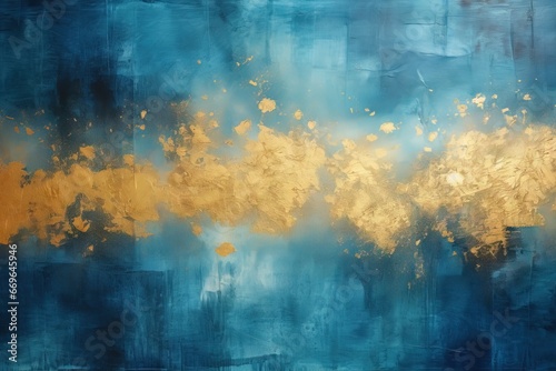 Fond abstrait lumineux, bleu et or avec des taches granuleuses. Idéal comme papier peint de luxe. IA générative, IA