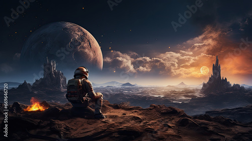 illustration of an astronaut sitting by a fireplace and looking over strange planetary landscape