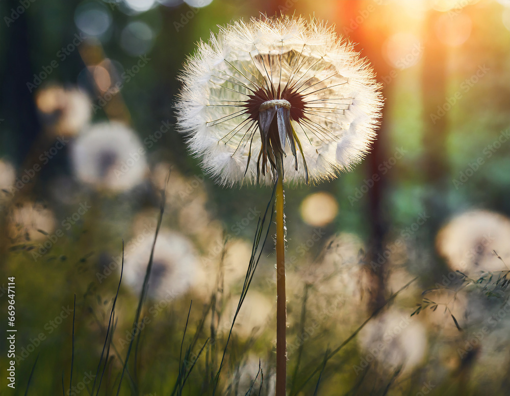 Big white dandelion in a forest at sunset. Macro image. Abstract summer nature background Big white dandelion in a forest at sunset. Macro image. Abstract summer nature background