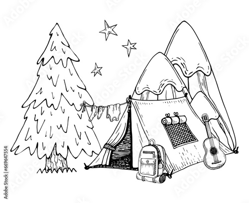 Camping coloring page. Hiking in mountains with tent. Hand drawn illustration.
