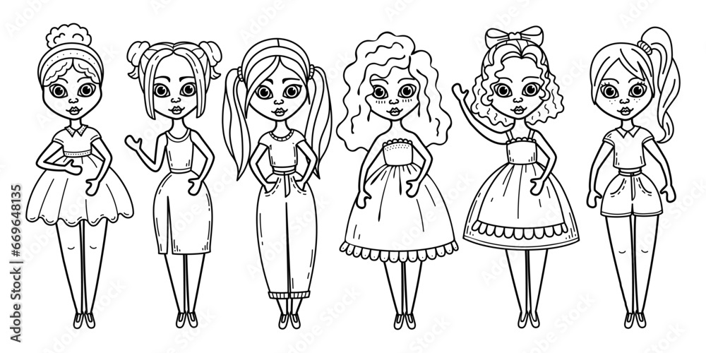 Fashionable girls coloring page. Cute dolls line art. Hand drawn illustration. Fashionable girls coloring page. Cute dolls line art. Hand drawn illustration.