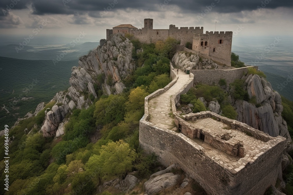 Enchanting fortress overlooking precipice. Generative AI