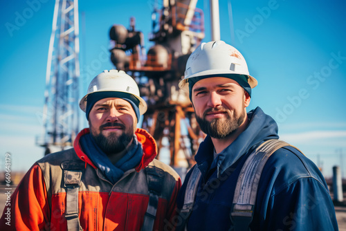 Attractive oil workers at work on a drilling rig