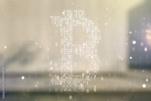 Virtual Bitcoin sketch on blurry contemporary office building background. Double exposure