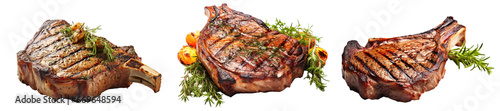 three delicious t-bone steaks with rosemary, bbq, grilling, isolated photo