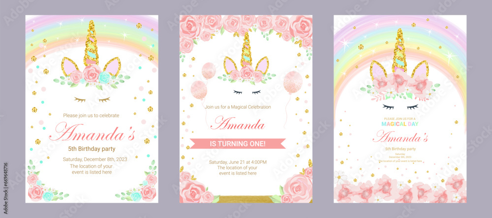 set of invitation cards for the girl's first birthday party with unicorn. Template for baby shower invitation. one year	