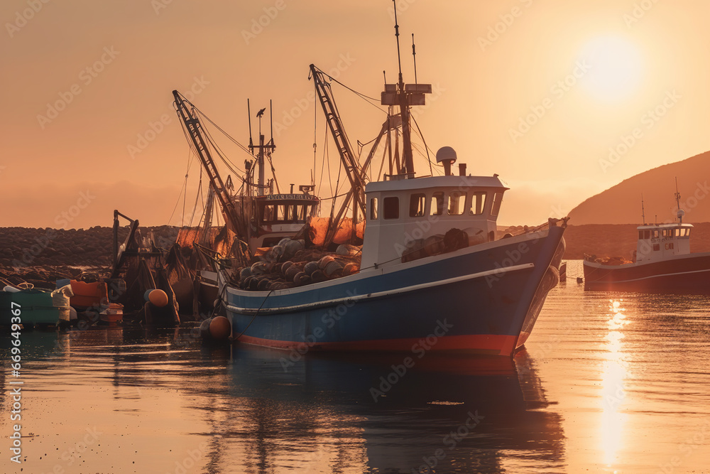 fishing boats at sunset