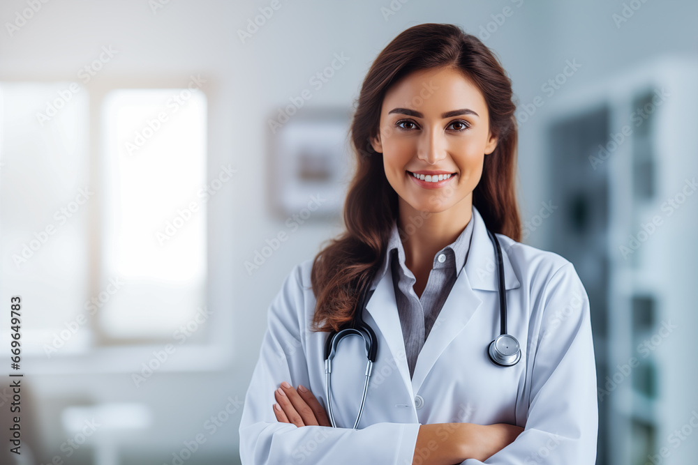 Confident young female doctor gp wear white coat stethoscope looking at camera standing with arms crossed in medical clinic office. Health care professional medic physician portrait. Confident young female doctor gp wear white coat stethoscope looking at camera standing with arms crossed in medical clinic office. Health care professional medic physician portrait.
